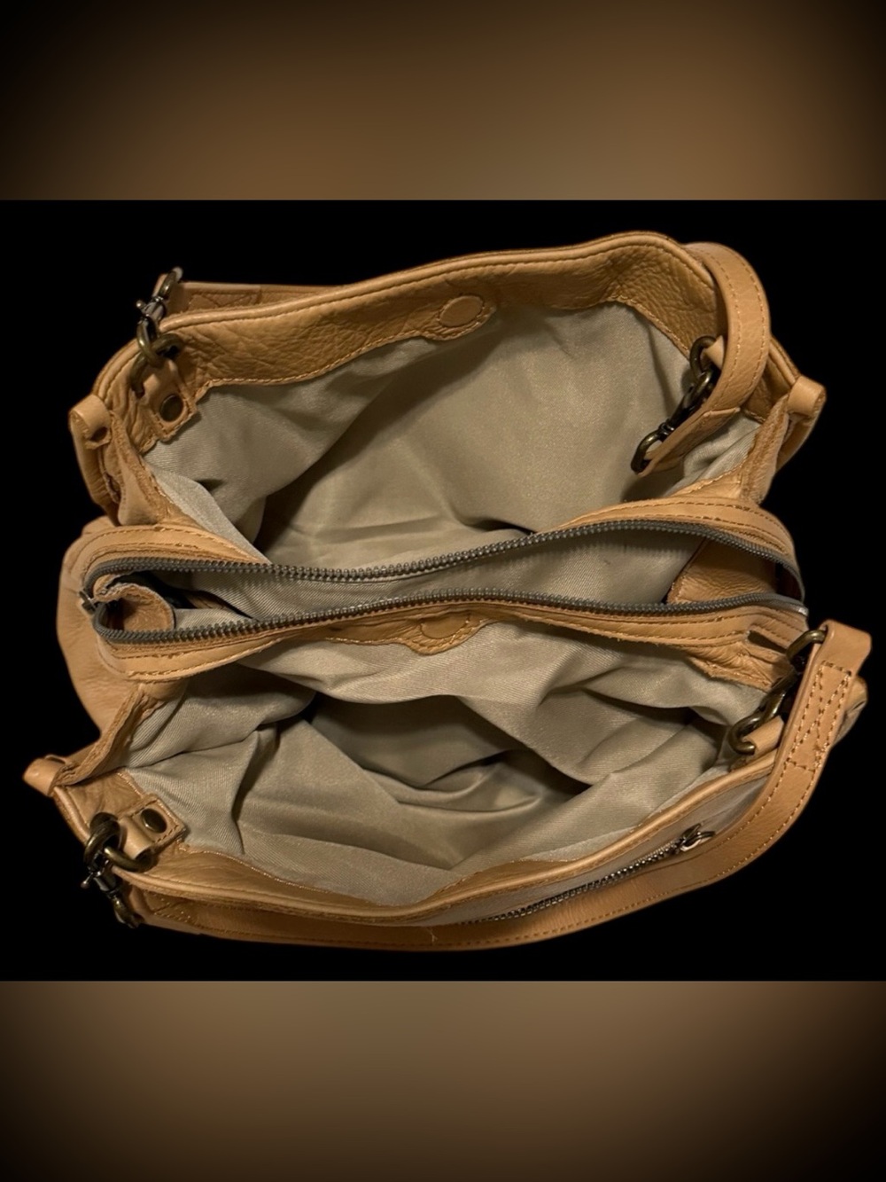 American Leather Co Lenox Triple Entry Satchel bag Cafe Latte Tan Brown Pebbled - Picture 3 of 11